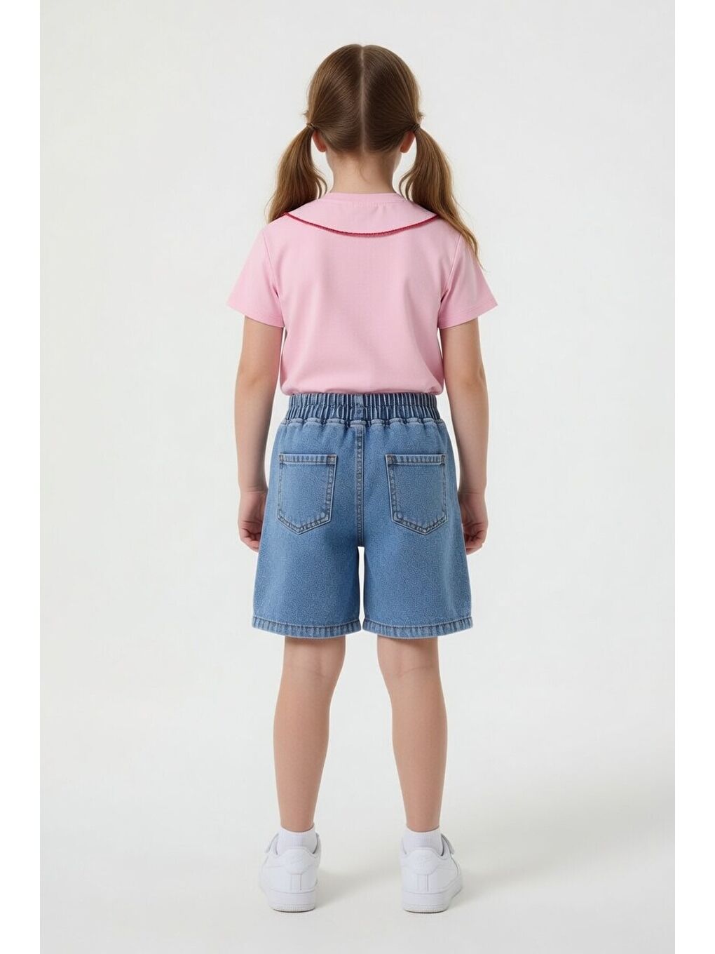 Pembe Yakası Çilek Nakışlı Badili Jean Şortlu Kız Çocuk 2li Takım 24046-4