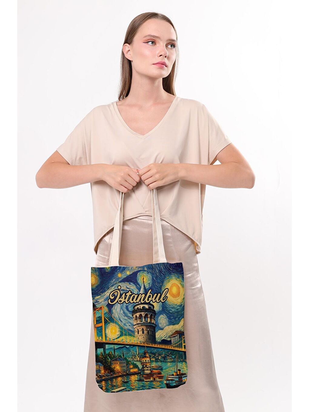 Ekru Kanvas Van Gogh Ve İstanbul Baskılı Bez Çanta-4