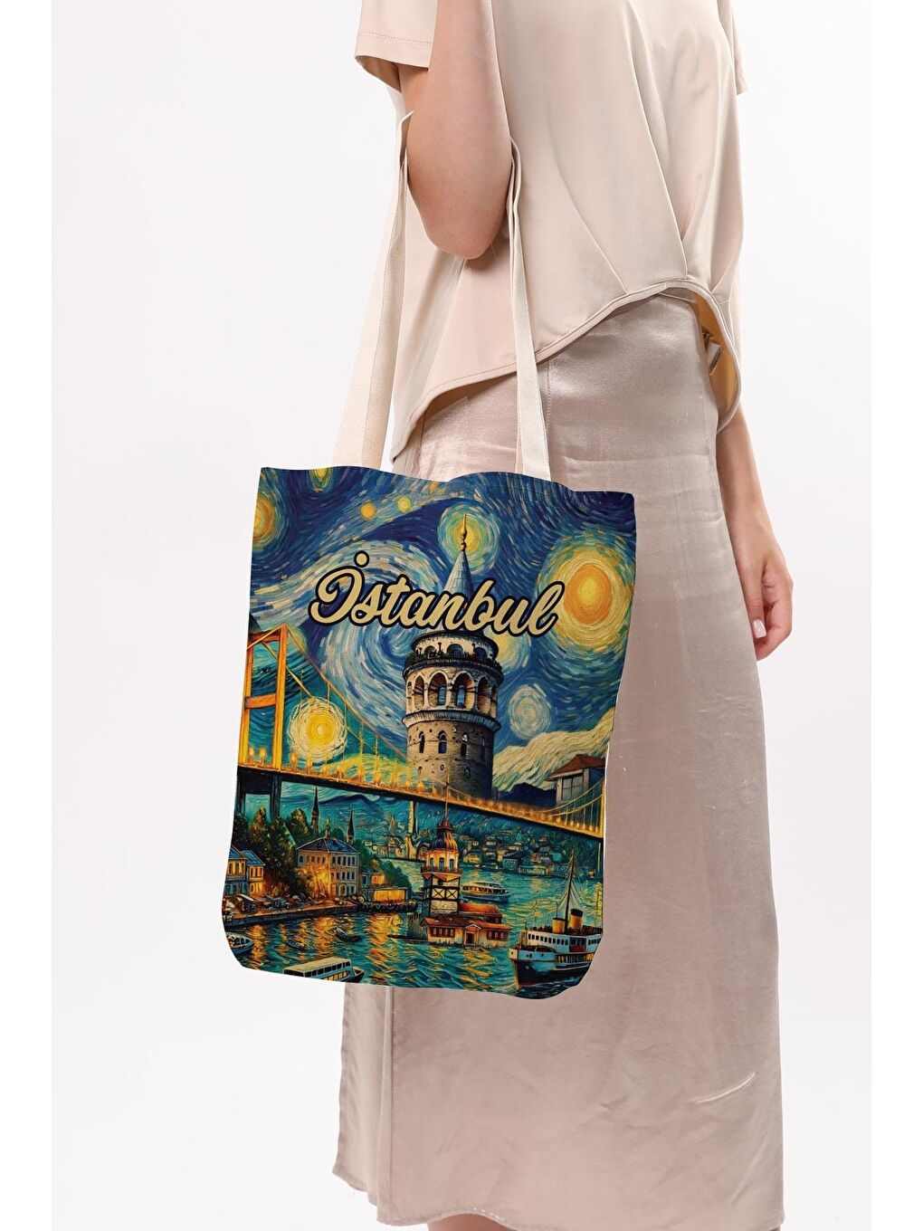 Ekru Kanvas Van Gogh Ve İstanbul Baskılı Bez Çanta-5