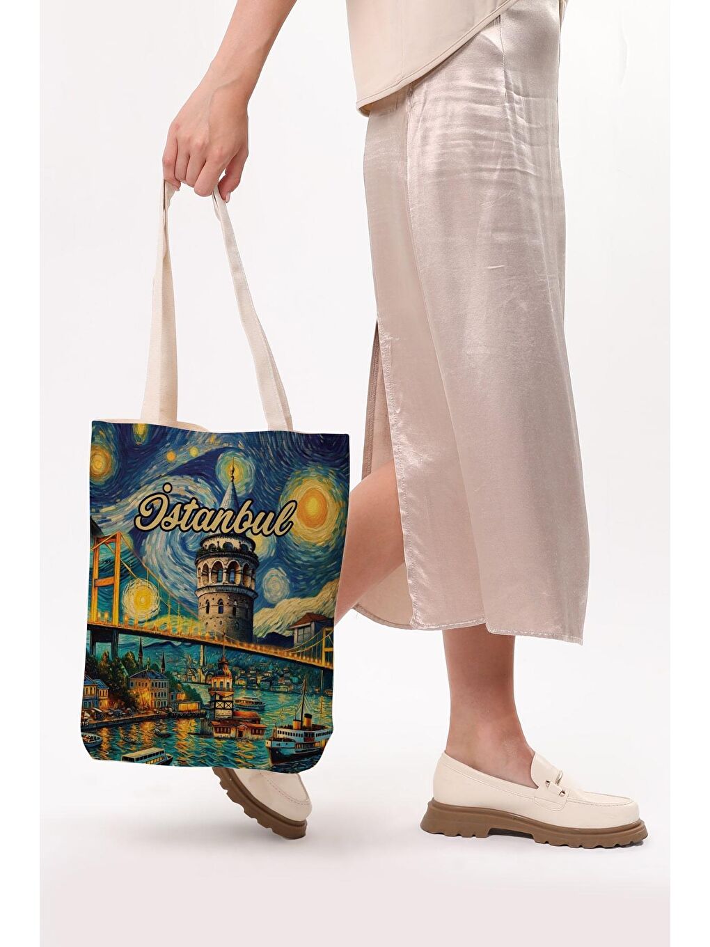 Ekru Kanvas Van Gogh Ve İstanbul Baskılı Bez Çanta-6