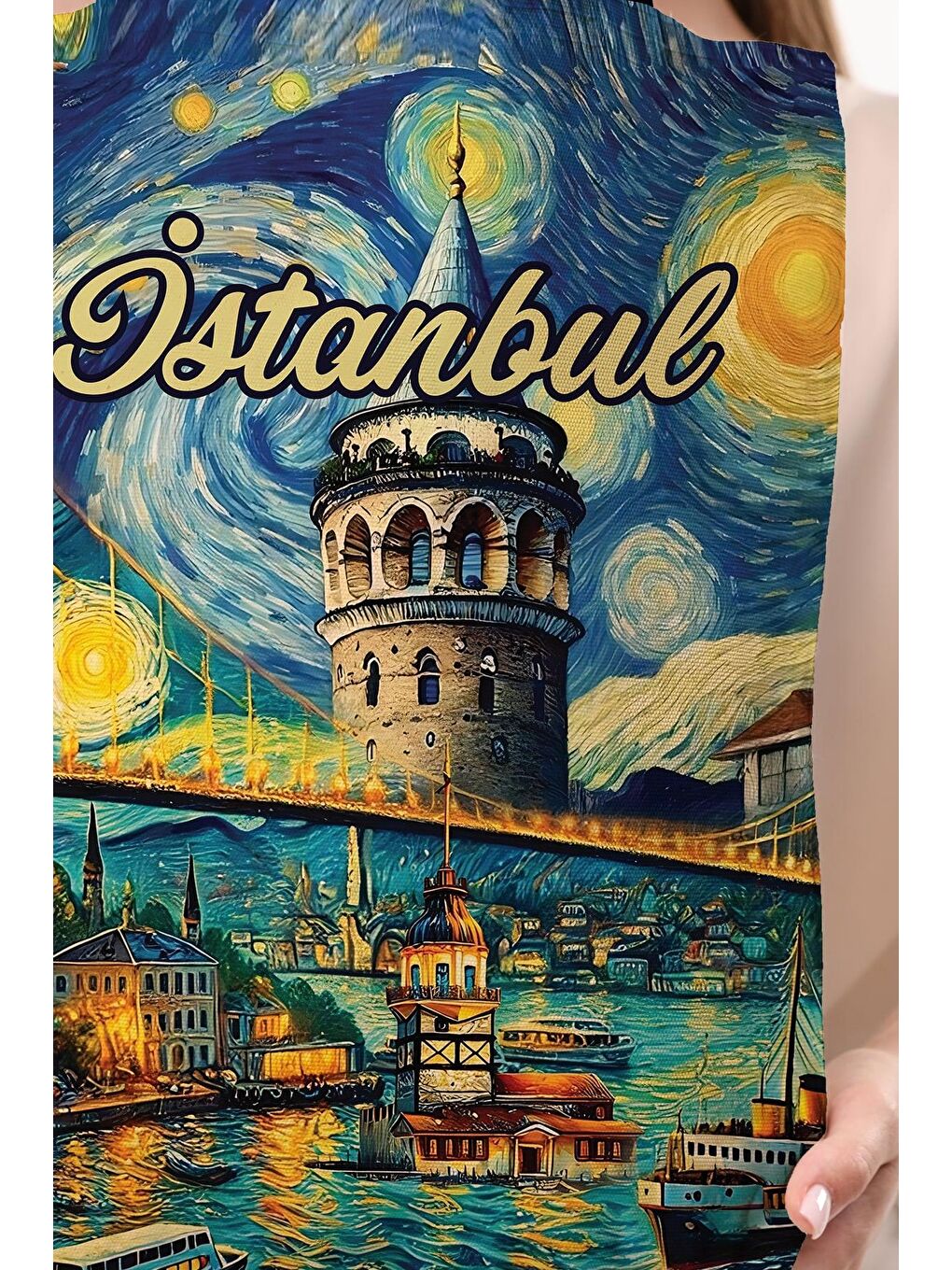 Ekru Kanvas Van Gogh Ve İstanbul Baskılı Bez Çanta-7