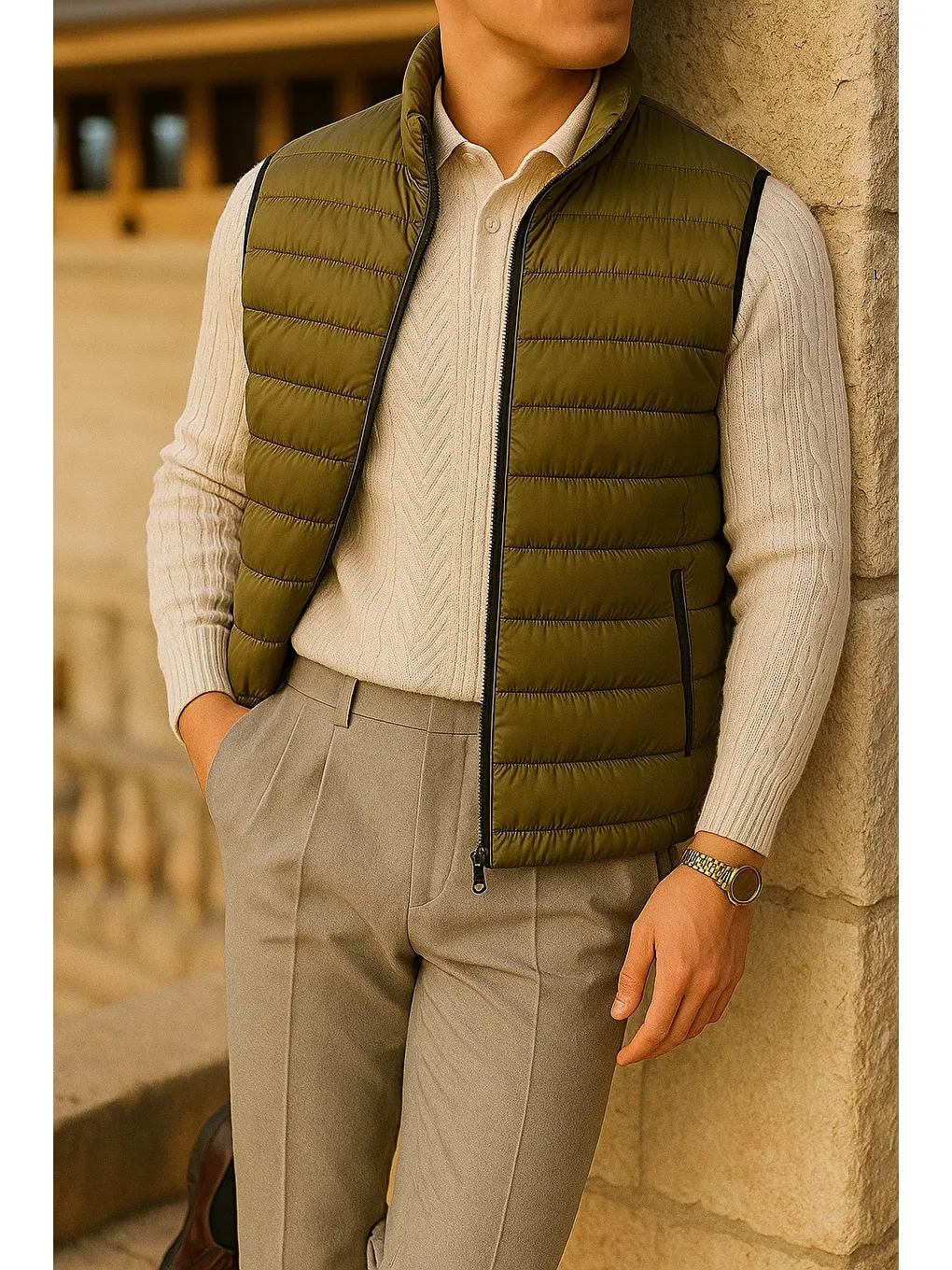 Erkek Kışlık Comfort Kolsuz Astarlı Haki Şişme Yelek-3