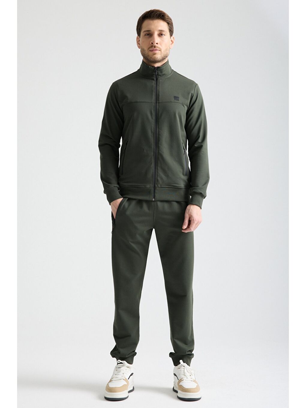 Haki  Erkek Luxe Eşofman Takımı Rahat Kalıp Manşetli Minimal Logo-7