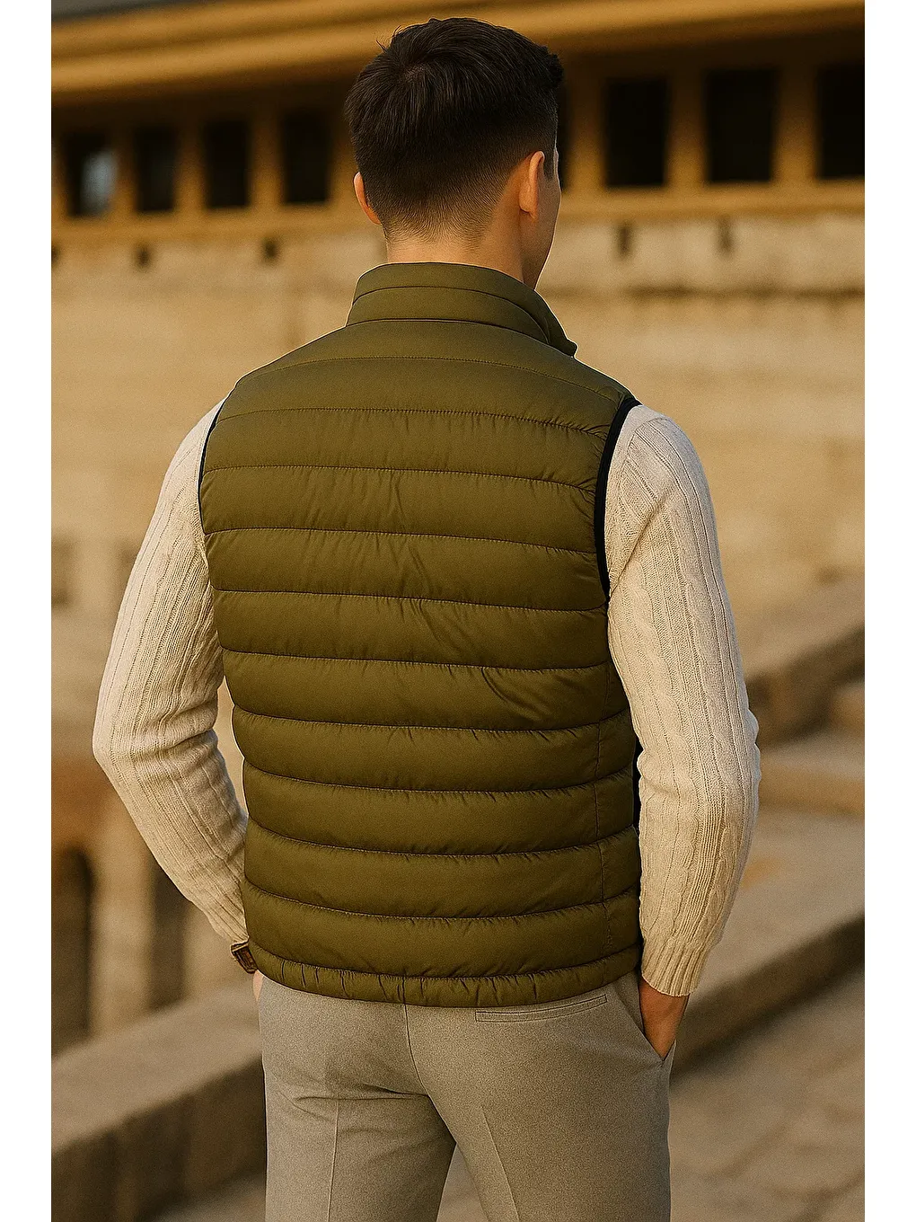 Erkek Kışlık Comfort Kolsuz Astarlı Haki Şişme Yelek-4