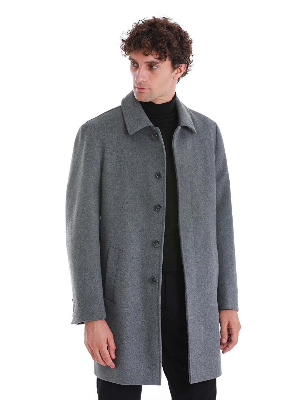 Gri Regular Fit Düz Bebe Yaka Kürklü Kaşe Yünlü Palto