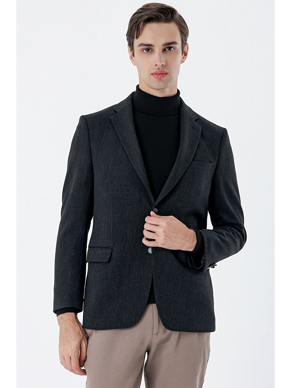 Siyah Mono Yaka Elastanlı 6 Drop Comfort Fit Klasik Ceket 1002235137-2