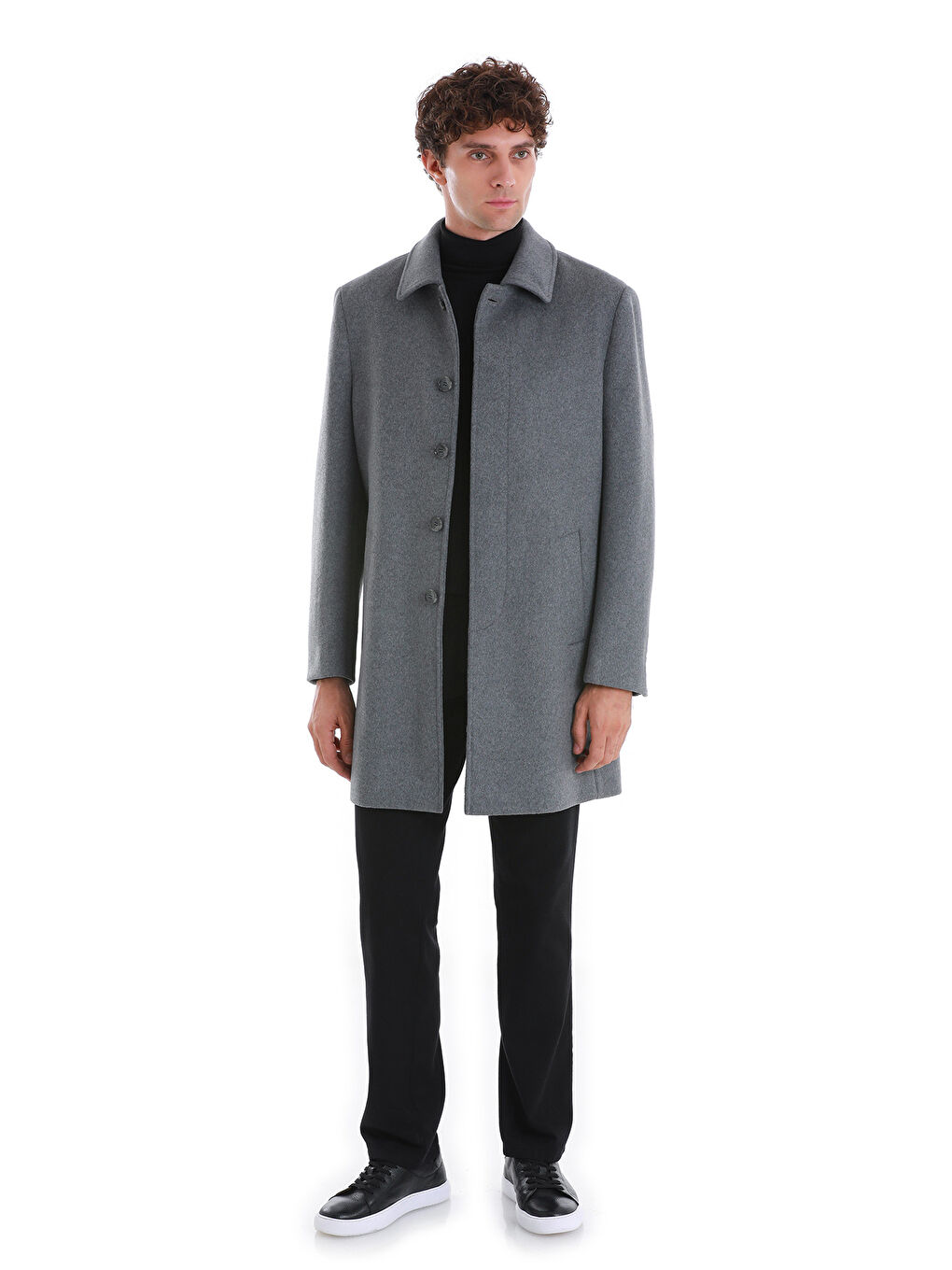 Gri Regular Fit Düz Bebe Yaka Kürklü Kaşe Yünlü Palto-1