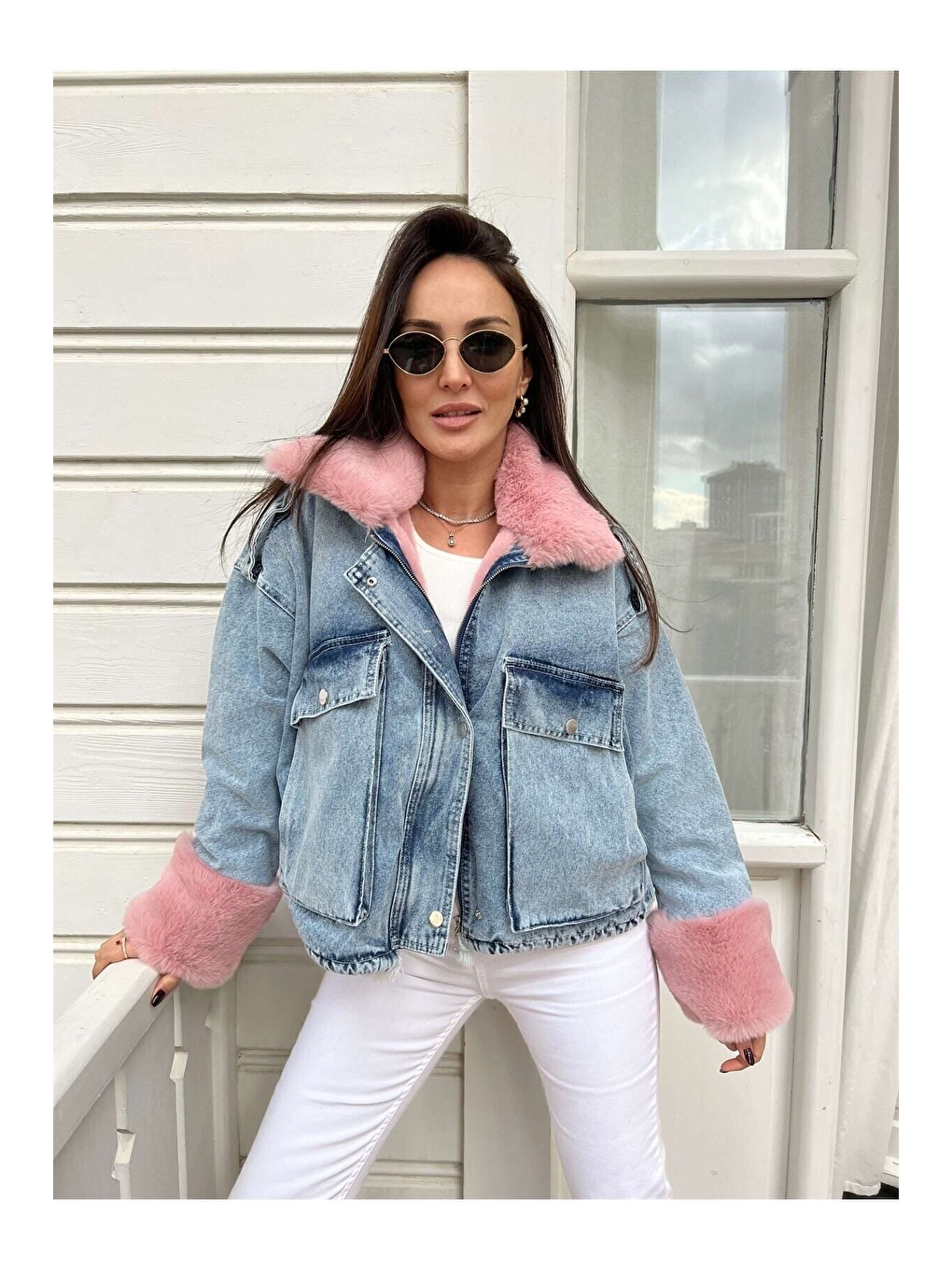 Kadın Pembe Kürklü Denim Kadın Mont-1