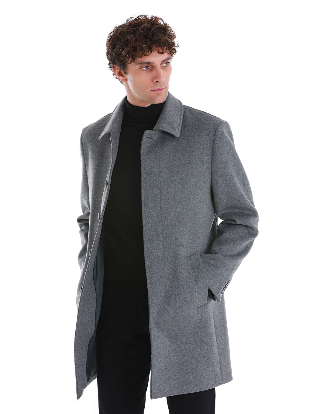 Gri Regular Fit Düz Bebe Yaka Kürklü Kaşe Yünlü Palto-2