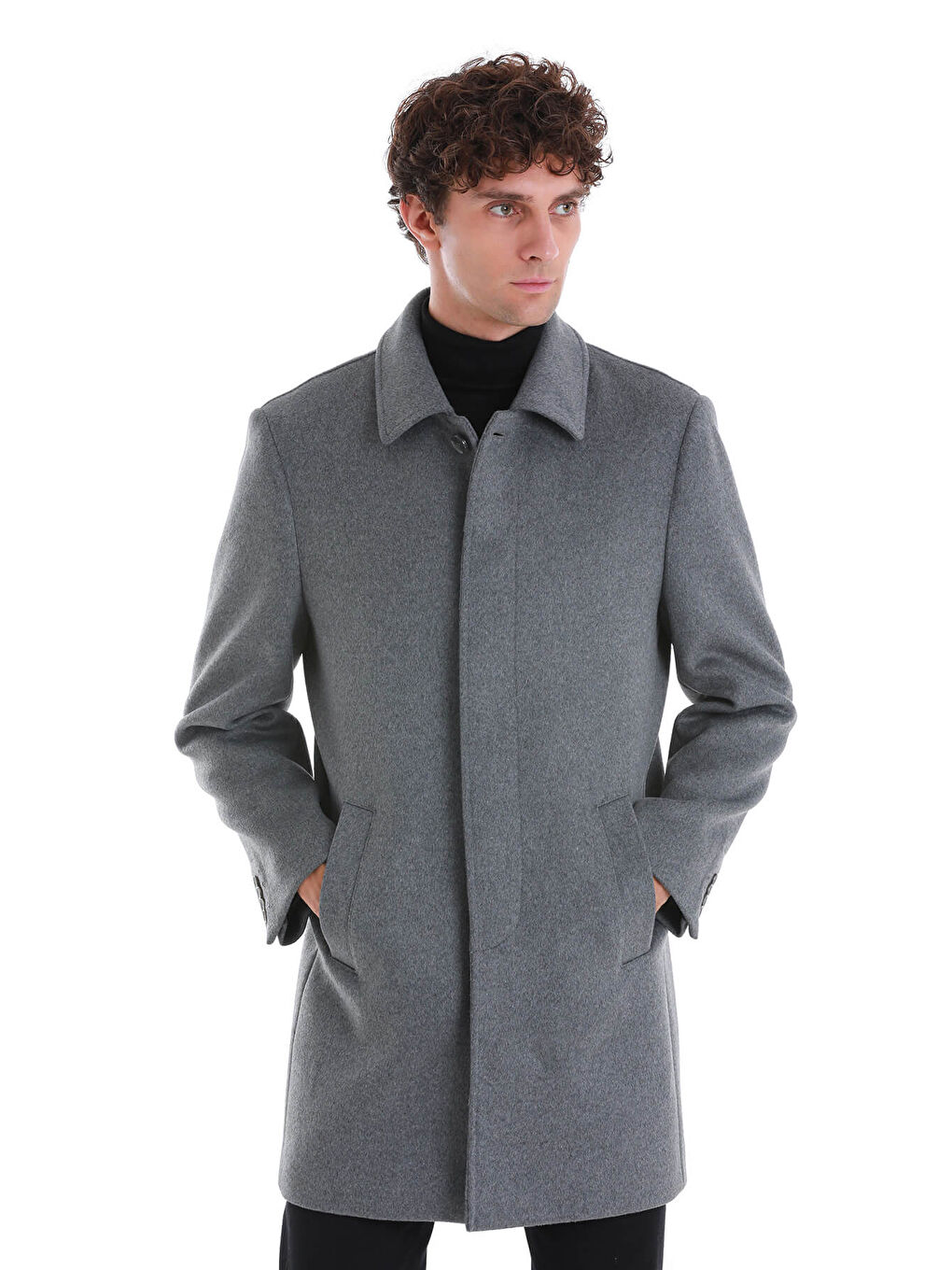 Gri Regular Fit Düz Bebe Yaka Kürklü Kaşe Yünlü Palto-3