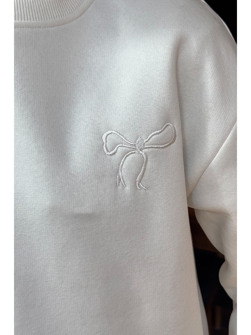 Ekru Kadın Fiyonk Nakışlı Şardonlu Sweatshirt-2