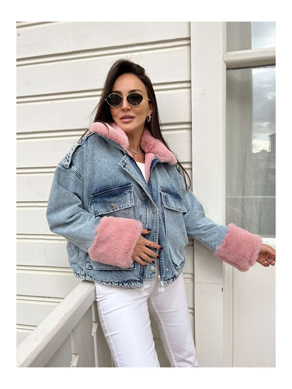 Kadın Pembe Kürklü Denim Kadın Mont-2