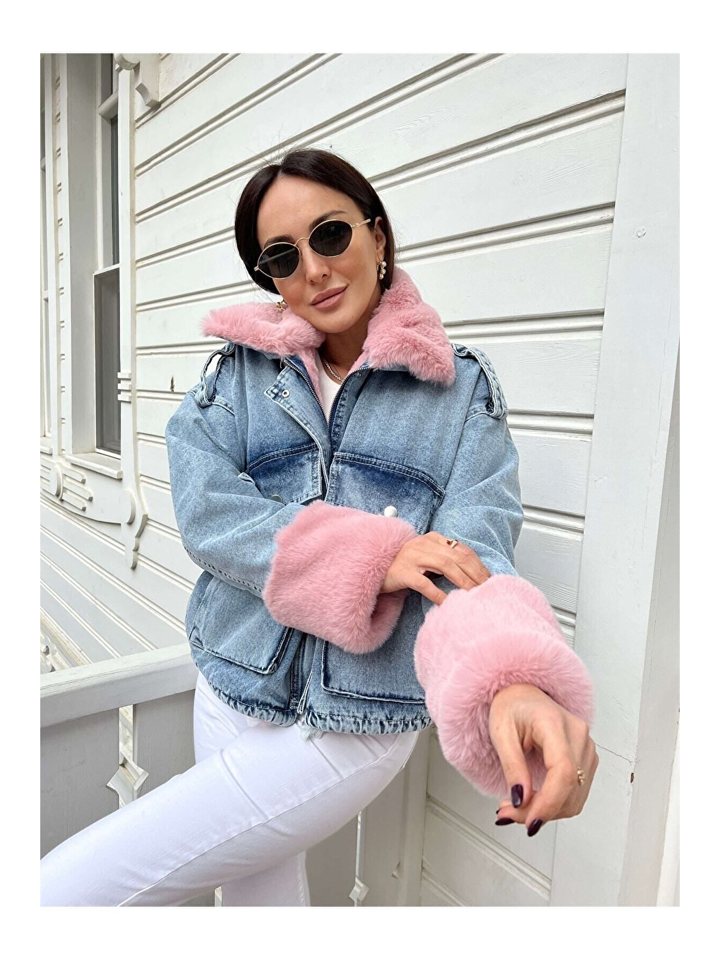 Kadın Pembe Kürklü Denim Kadın Mont-3