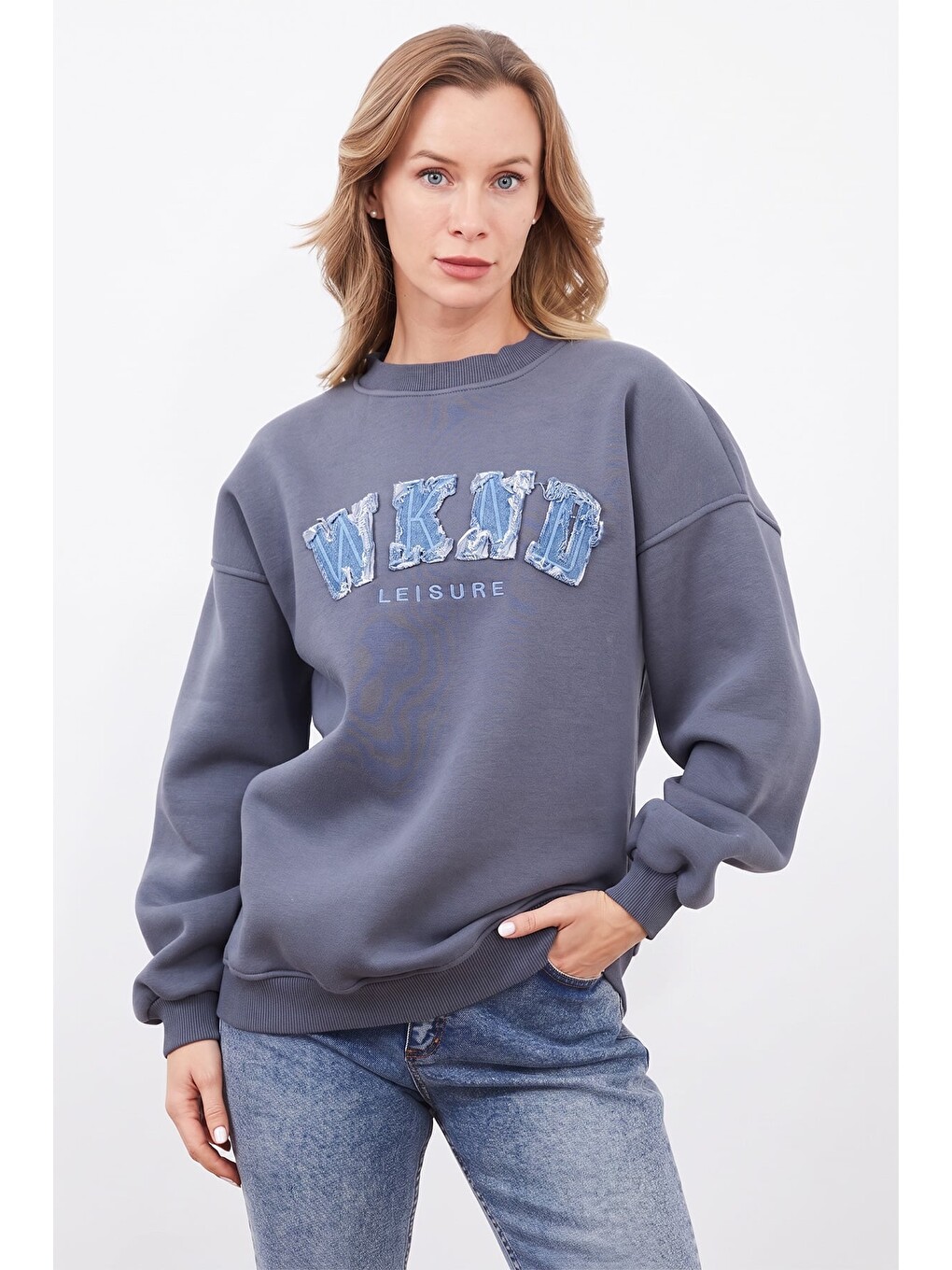 Gri 3 İplik Jean Nakışlı Oversize Sweatshirt