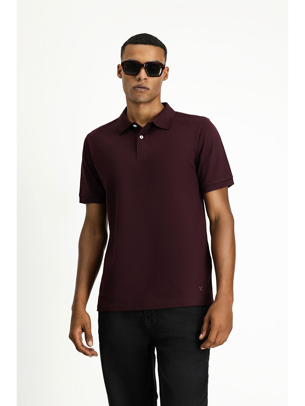 Bordo Polo Yaka Regular Fit Nakışlı Pamuk %100 Pamuk Tişört-1