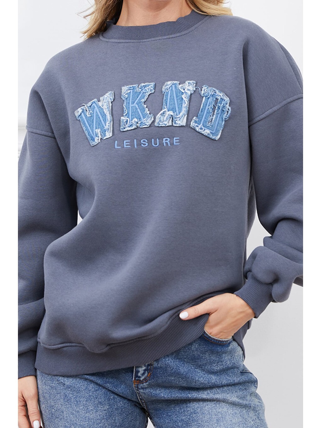 Gri 3 İplik Jean Nakışlı Oversize Sweatshirt-1