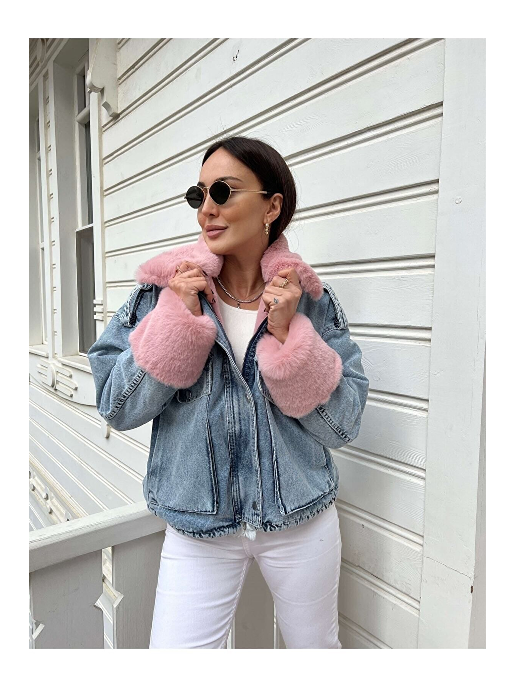 Kadın Pembe Kürklü Denim Kadın Mont-4