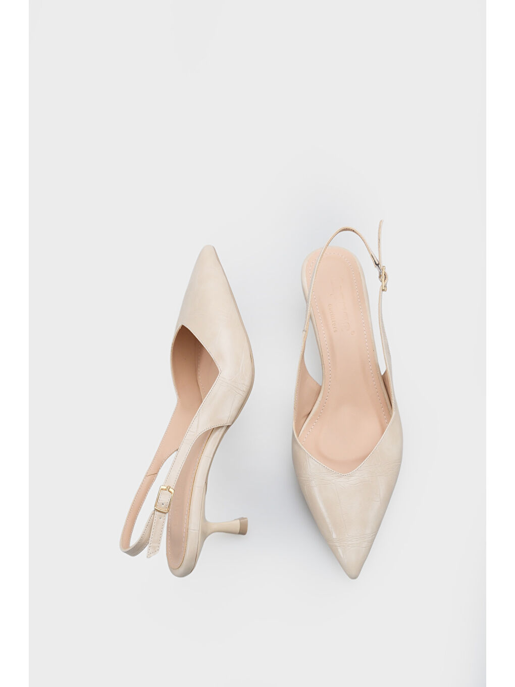 Bej Yoki Sivri Burunlu Arkası Bantlı Orta Topuklu Kadın Ayakkabı-5