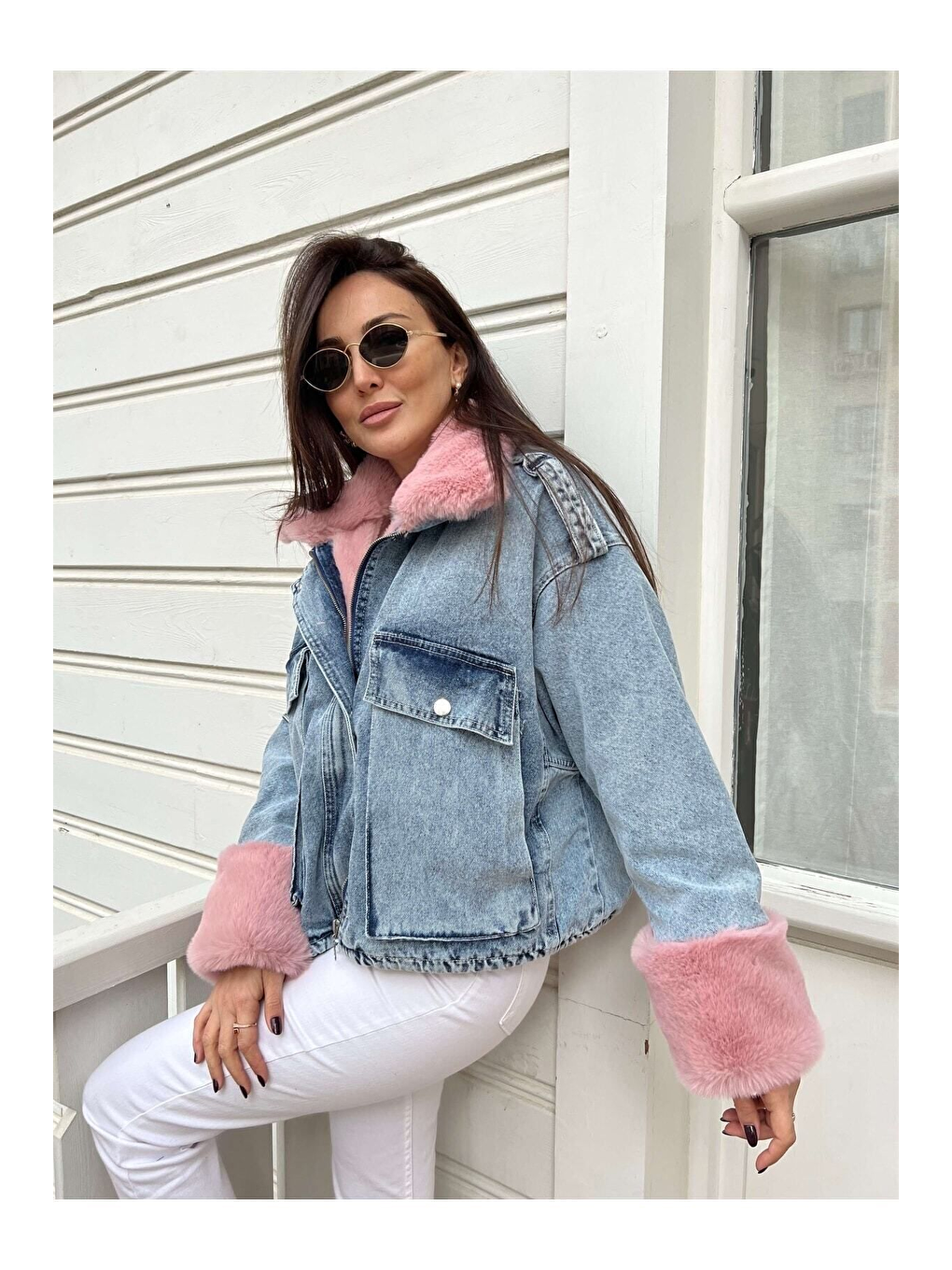Kadın Pembe Kürklü Denim Kadın Mont-5