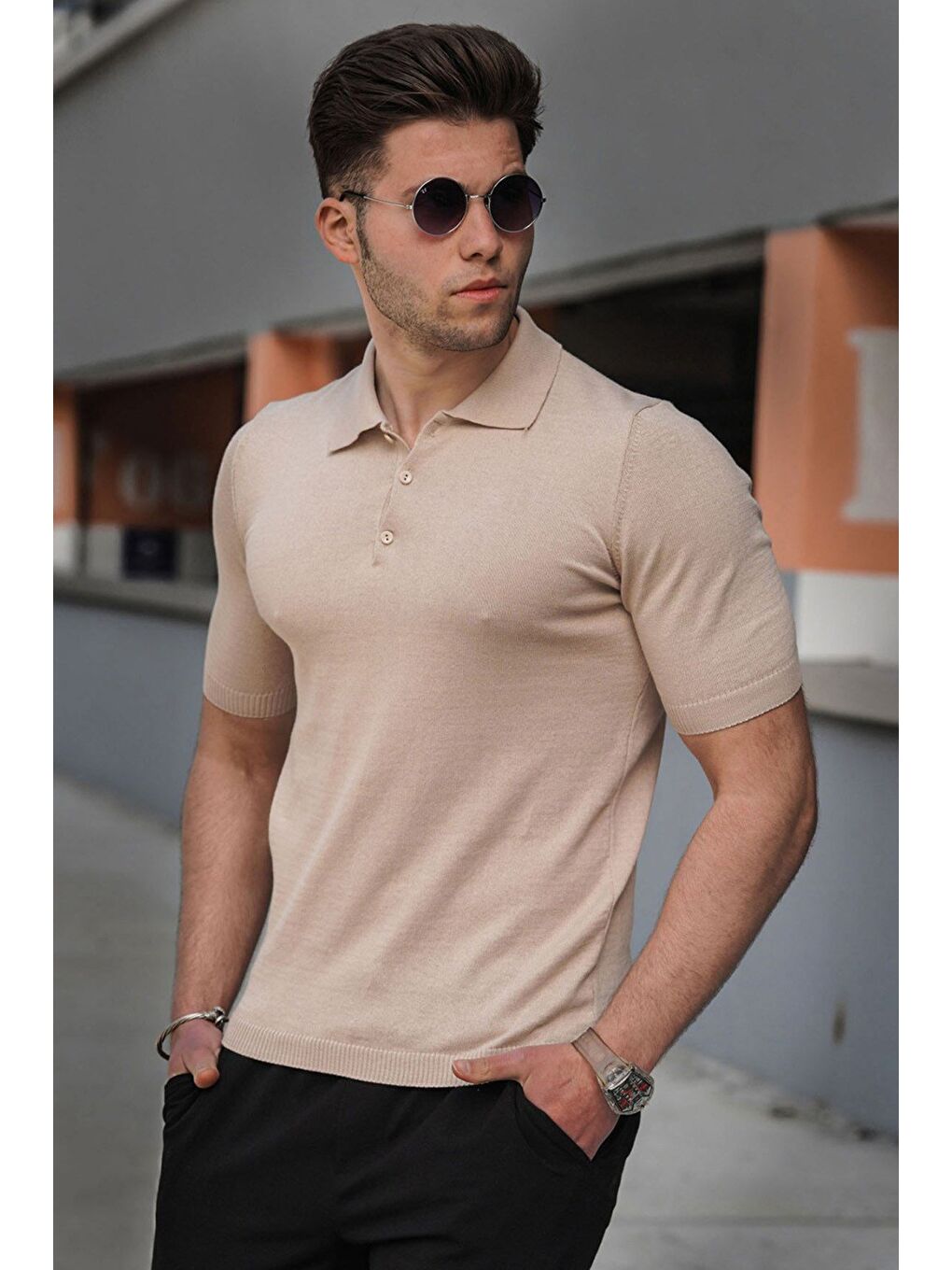 Bej Polo Yaka Erkek Triko Tişört 5078