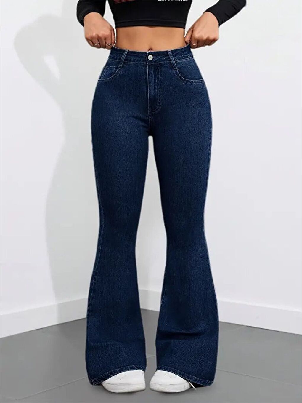 Lacivert Kadın Yüksek Bel Cepli İspanyol Paçalı Jean Pantolon