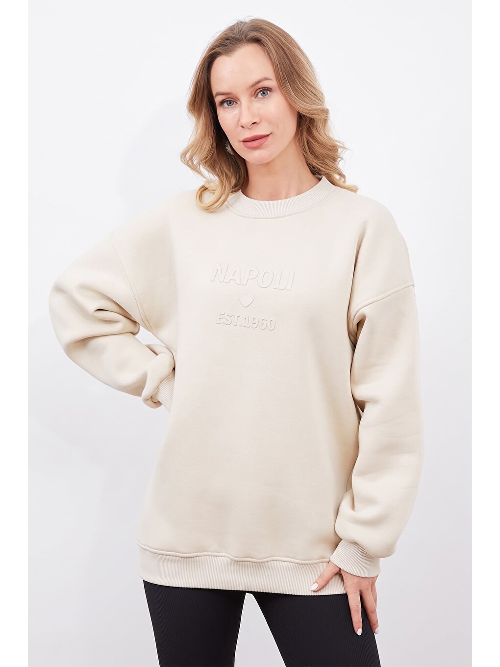 Bej Napoli Baskılı Oversize Sweatshirt