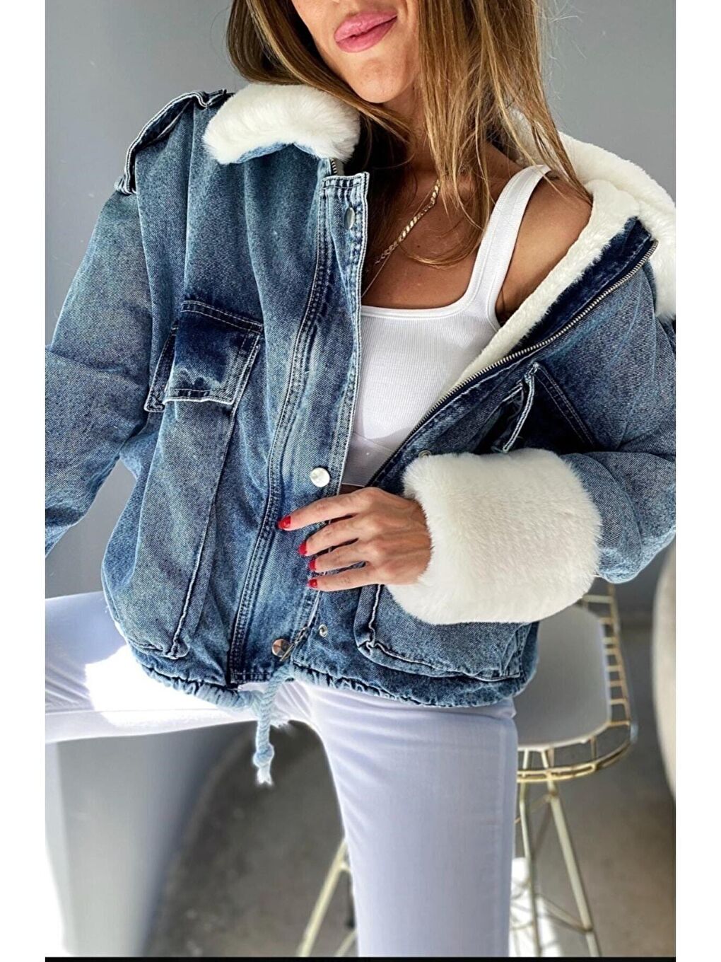 Mavi Kadın Kürklü Denim Jean Ceket Mont-3