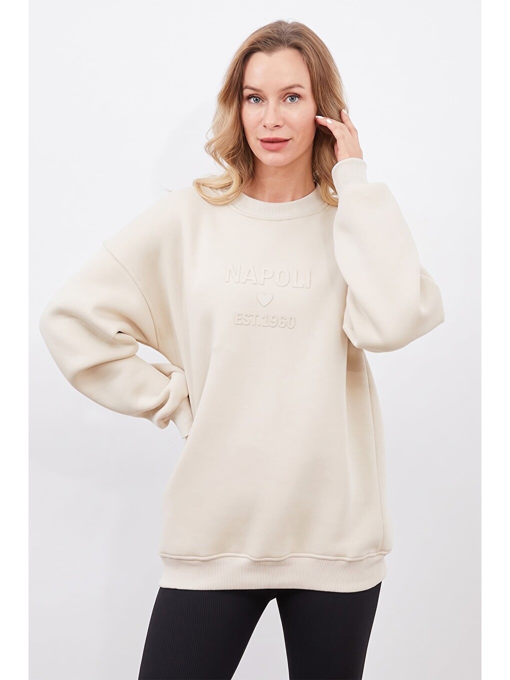 Bej Napoli Baskılı Oversize Sweatshirt-1
