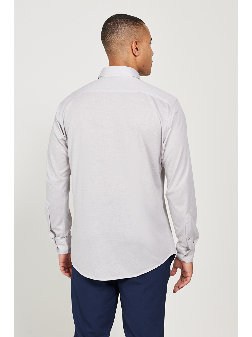 Erkek Gri Comfort Fit Geniş Kesim Düğmeli Yaka Pamuklu Gömlek-5