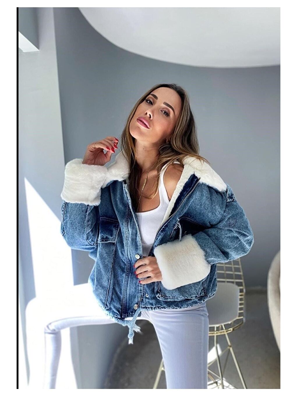 Mavi Kadın Kürklü Denim Jean Ceket Mont-5