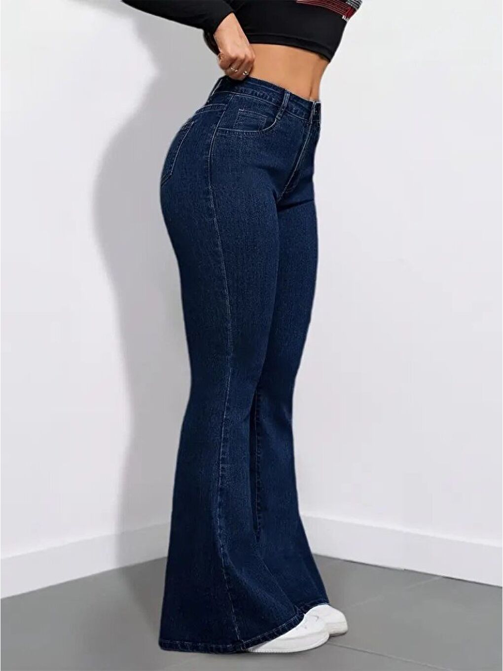 Lacivert Kadın Yüksek Bel Cepli İspanyol Paçalı Jean Pantolon-2
