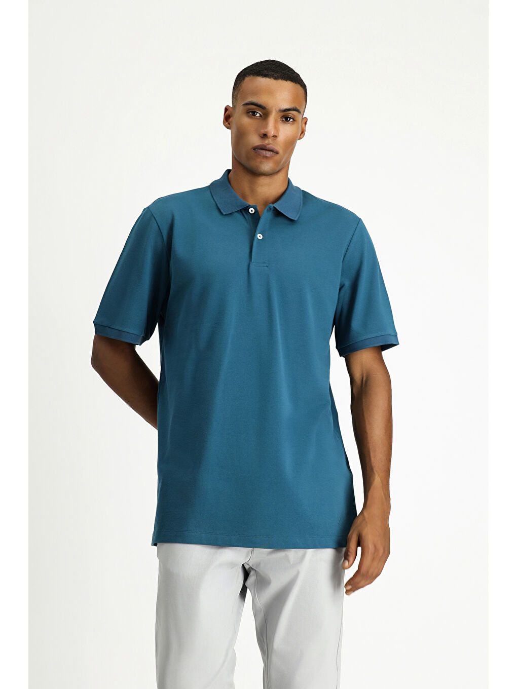 Petrol Polo Yaka Regular Fit Nakışlı Pamuk Tişört