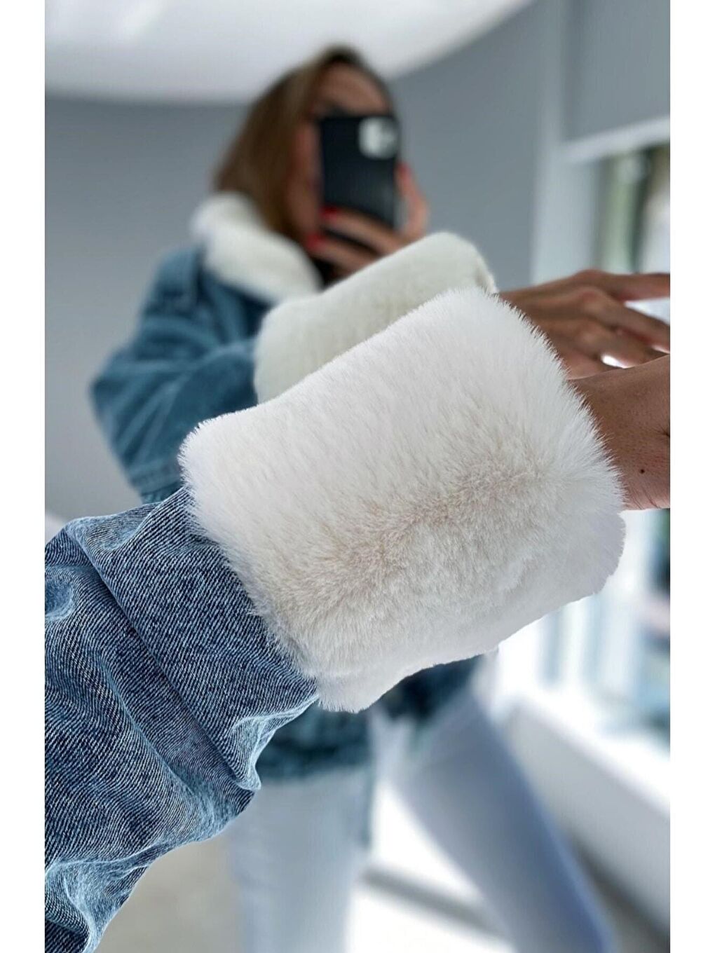 Mavi Kadın Kürklü Denim Jean Ceket Mont-6