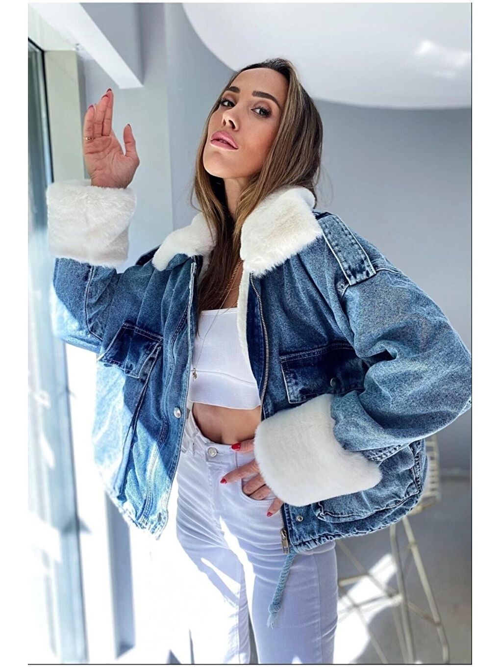 Mavi Kadın Kürklü Denim Jean Ceket Mont-7