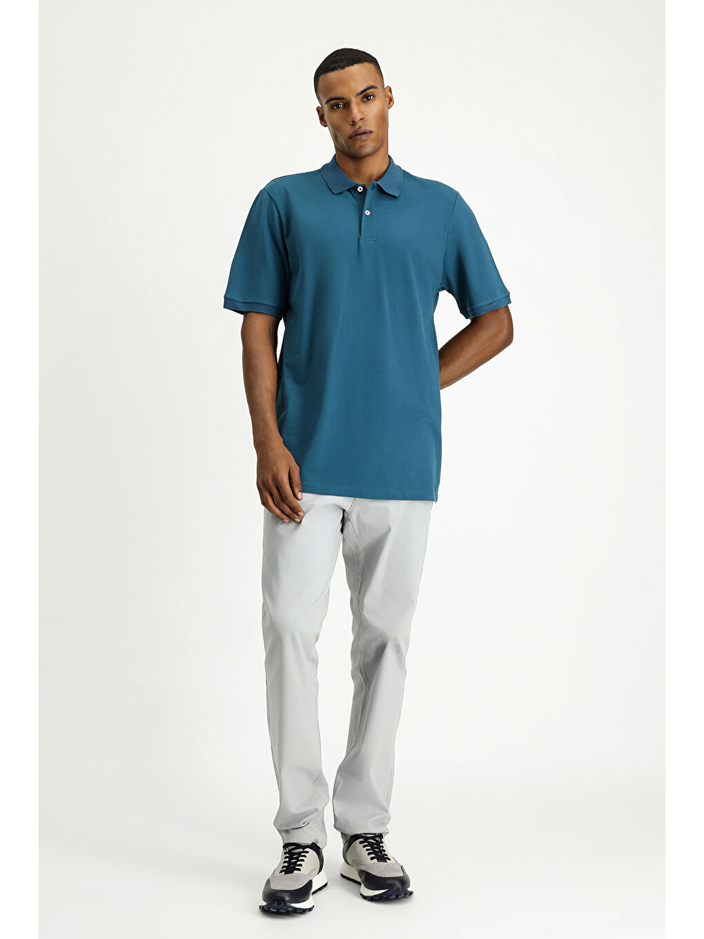 Petrol Polo Yaka Regular Fit Nakışlı Pamuk Tişört-1