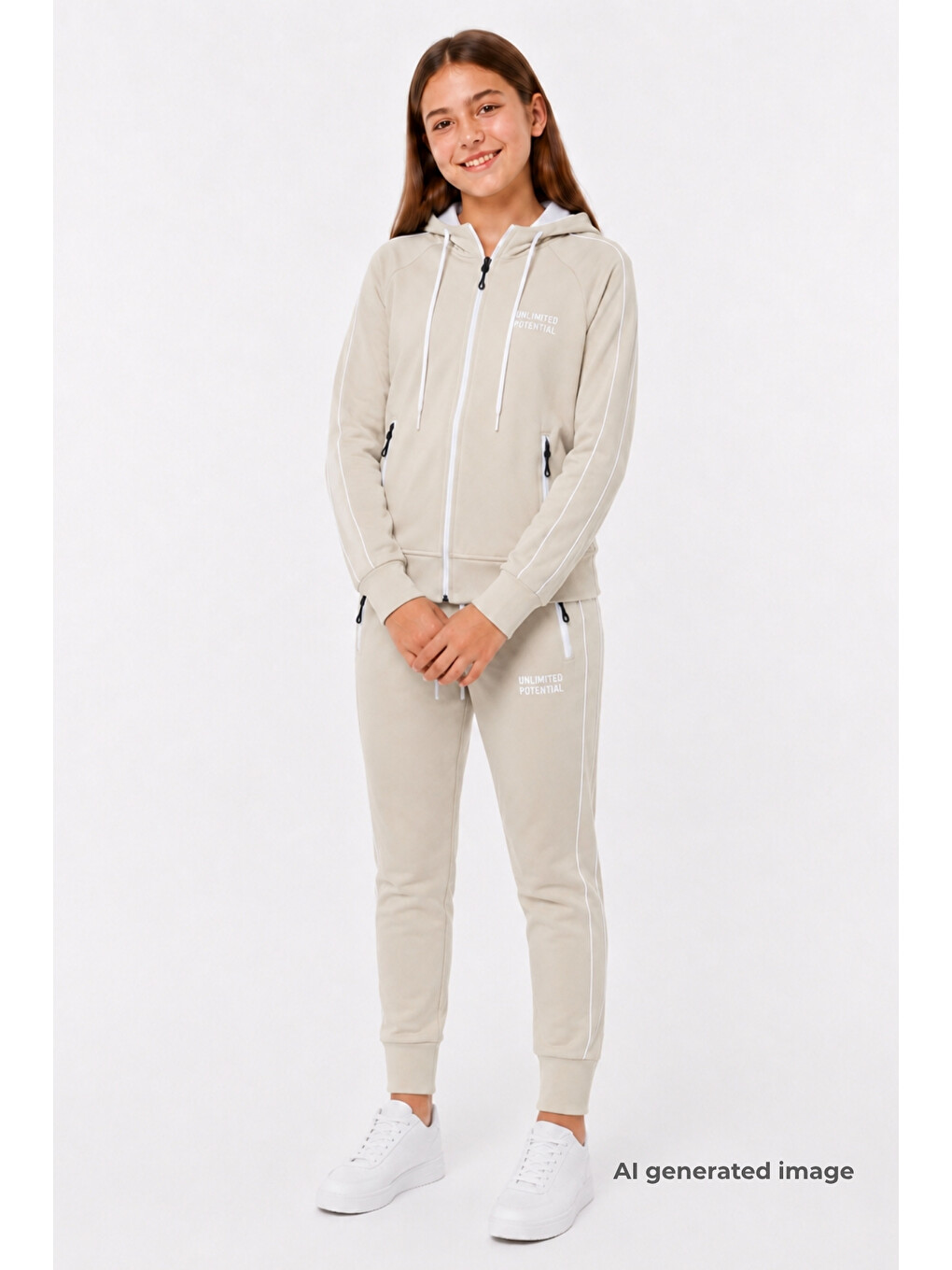 Ekru Kız Çocuk Scuba Unlimited Çift Şeritli Kapüşonlu Reglan Kol Dalgıç Kumaş Eşofman Takımı Esf7023-3