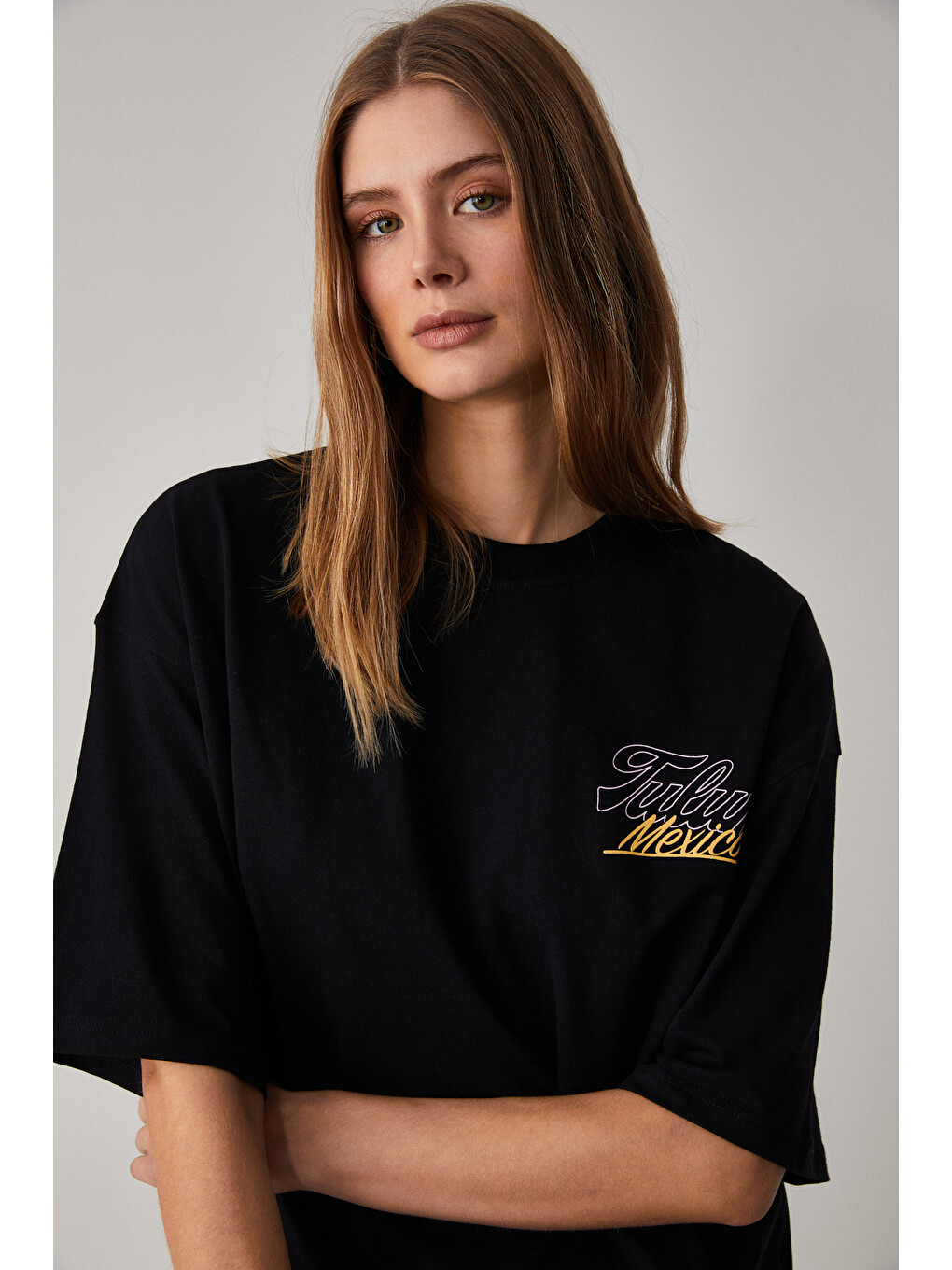 Siyah CAITLYN Kadın Oversize Bisiklet Yaka SİYAH T-Shirt-3