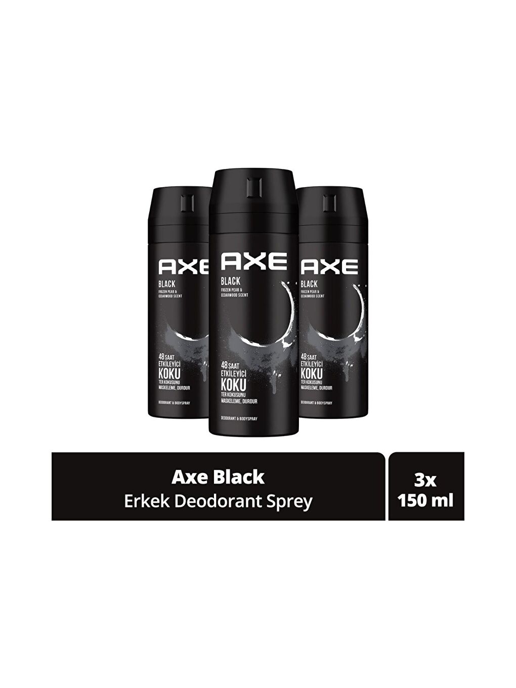 Erkek Sprey Deodorant Black 48 Saat Etkileyici Koku 150 ml x 3 Adet