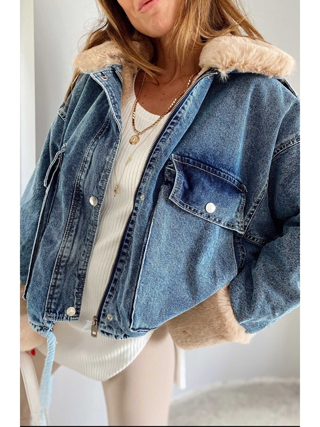 Mavi Kadın Camel Kürklü Denim Kadın Mont-2