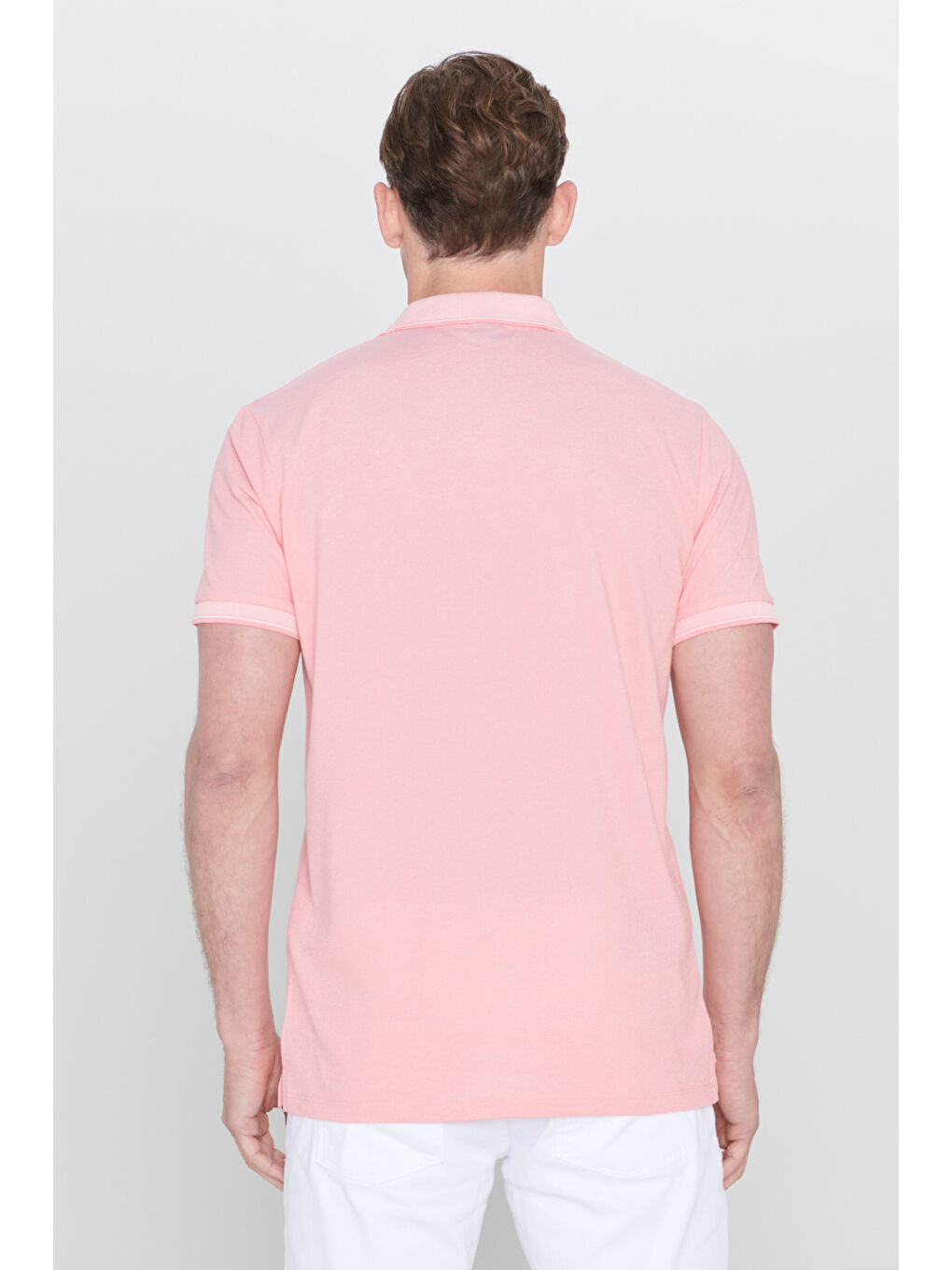 Erkek Pembe Beyaz Slim Fit Dar Kesim Kıvrılmaz Polo Yaka Kısa Kollu Tişört-1