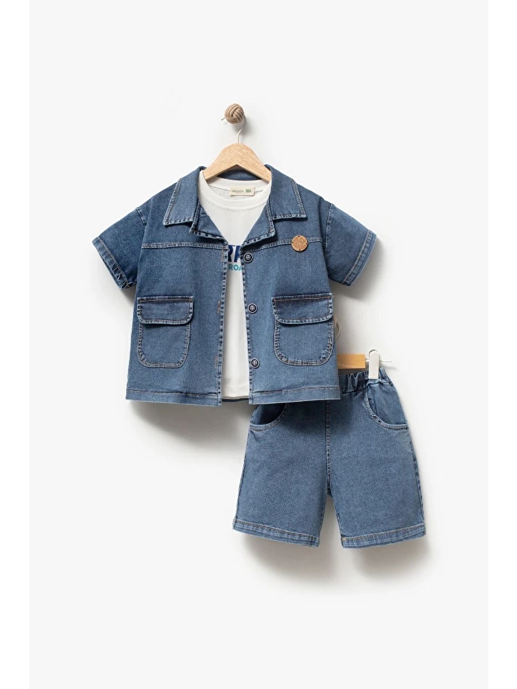 Mavi Jean Gömlek Jean Şort ve T-shirt 3lü Erkek Çocuk Takım