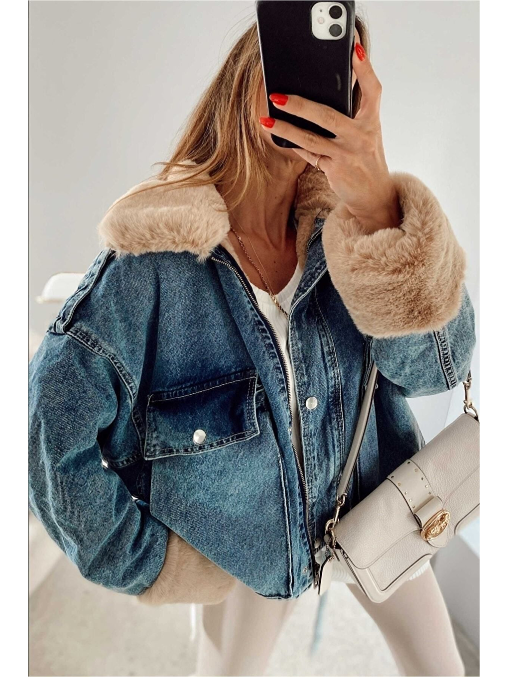 Mavi Kadın Camel Kürklü Denim Kadın Mont-3