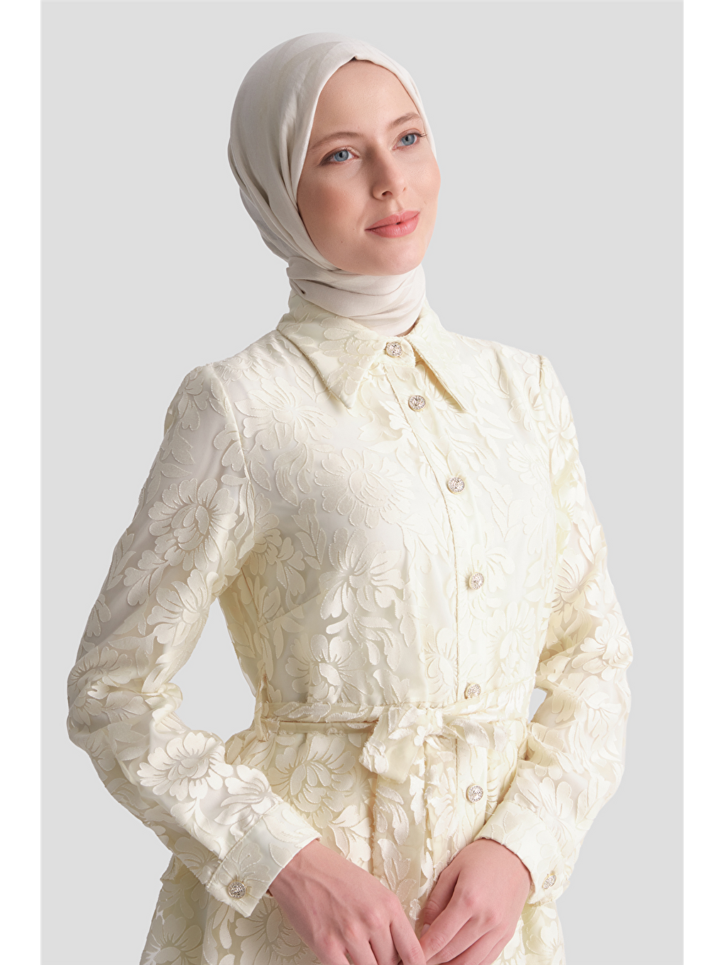 Dantelli Katlı Elbise Ekru-3