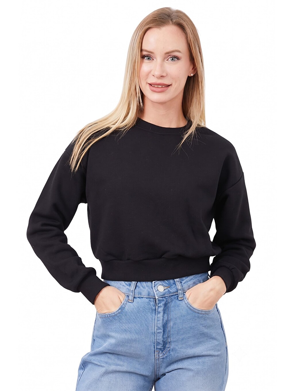 Siyah 3 İplik Basic Crop Sweatshirt-1