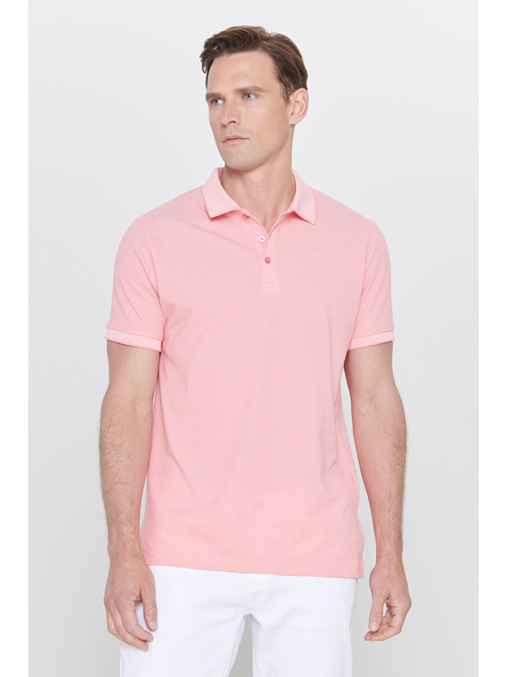 Erkek Pembe Beyaz Slim Fit Dar Kesim Kıvrılmaz Polo Yaka Kısa Kollu Tişört-6
