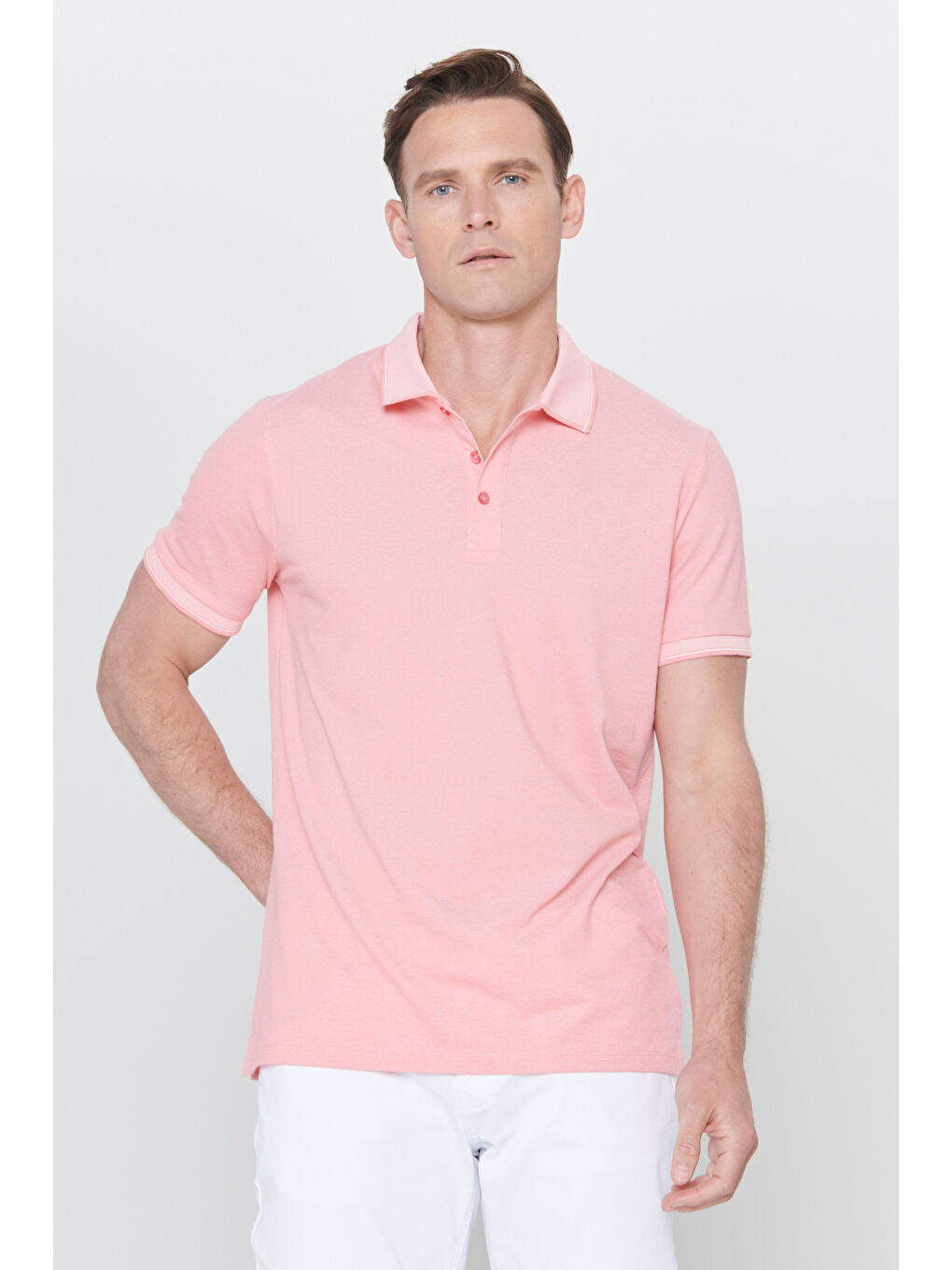 Erkek Pembe Beyaz Slim Fit Dar Kesim Kıvrılmaz Polo Yaka Kısa Kollu Tişört