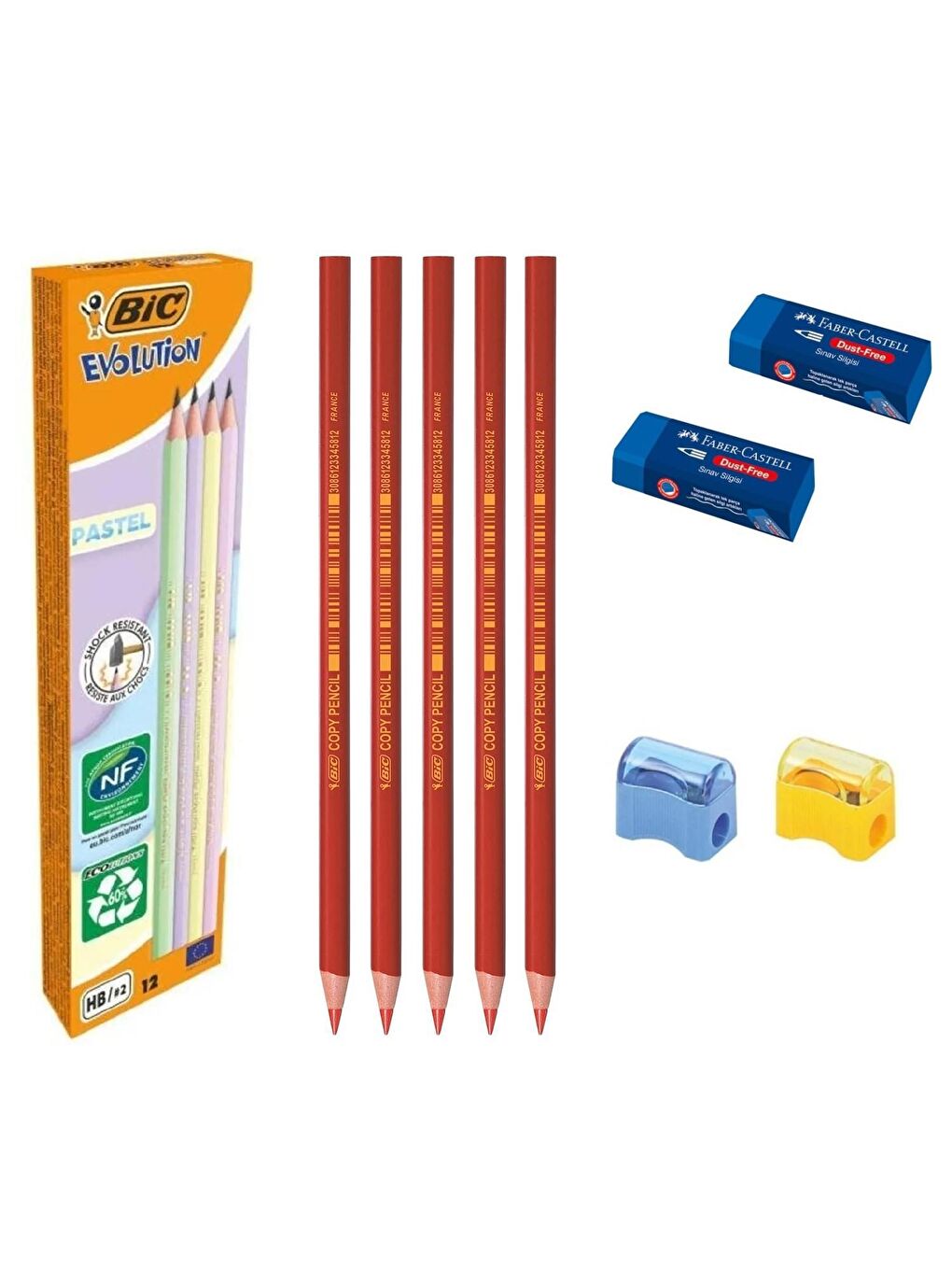 Bic Karışık Asorti Evolution Pastel Kurşun Kalem 12 Li+ Kırmızı Kopya Kalemi 5 Li +Sınav Silgisi 2 Li+Kalemtraş 2 Li