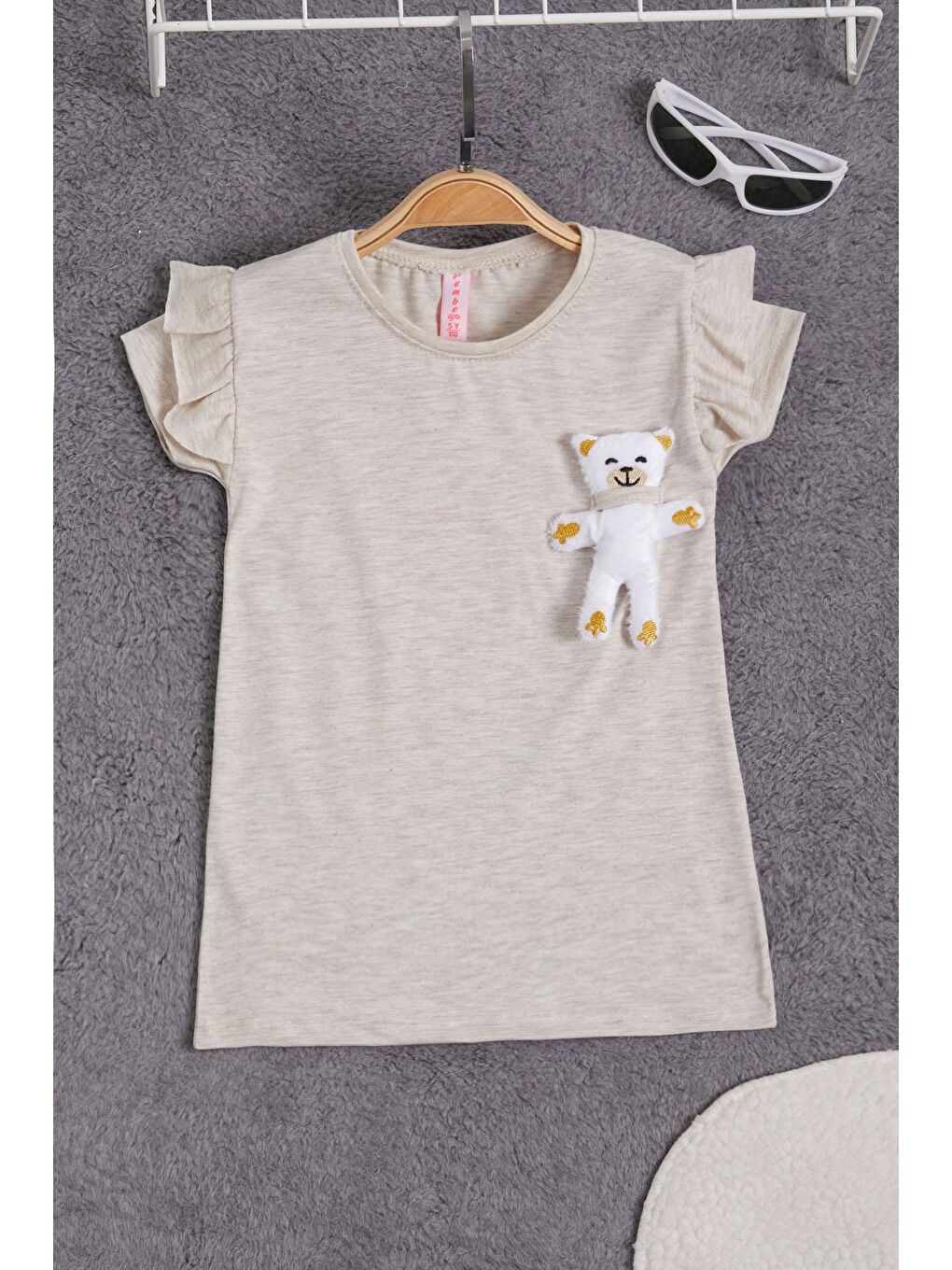 Ekru Krem Pelüş Ayıcıklı Fırfırlı Kız Çocuk T-shirt 15535