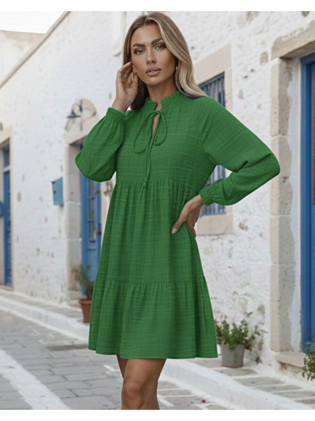 Yeşil Kadın Uzun Kollu Yakadan Bağcıklı Fırfırlı Keten Mini Elbise