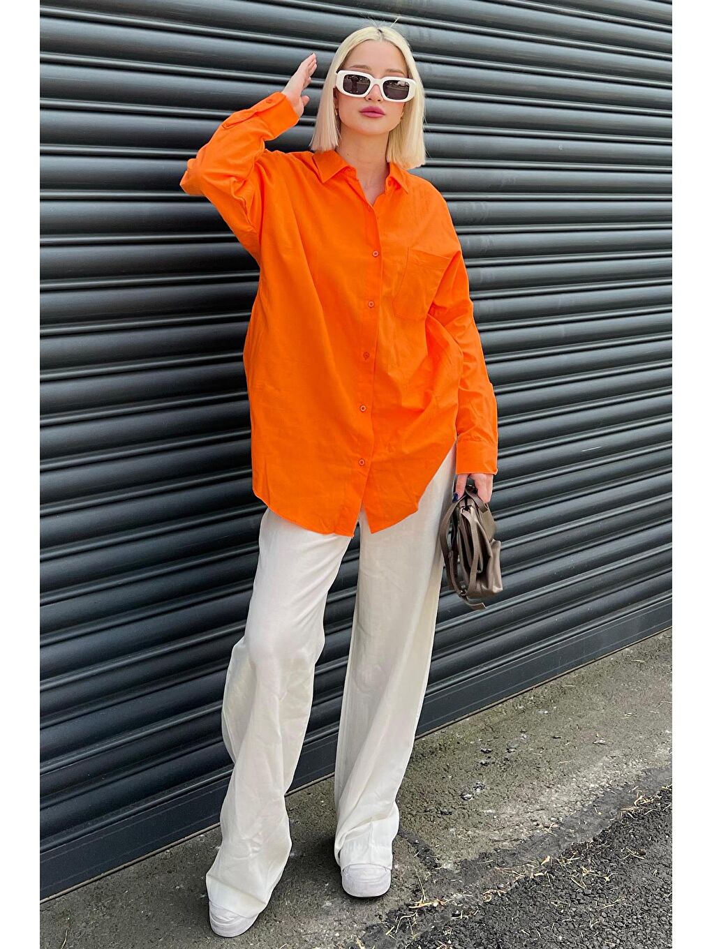 Turuncu Oversize Basic Cepli Poplin Gömlek Mg1530